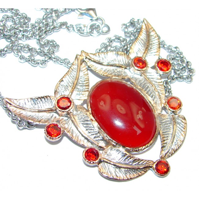 Red Flower Carnelian Gold plated over Sterling Silver handmade necklace