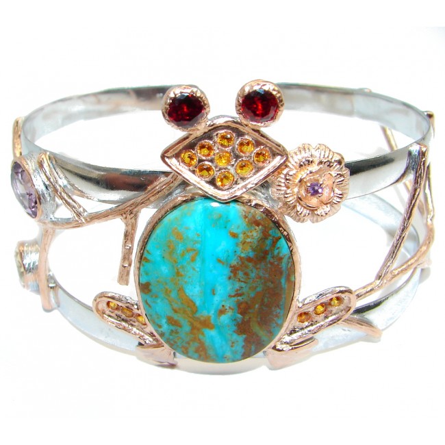 Lucky Frog Genuine Chrysocolla Gold plated over Sterling Silver handmade Bracelet Cuff