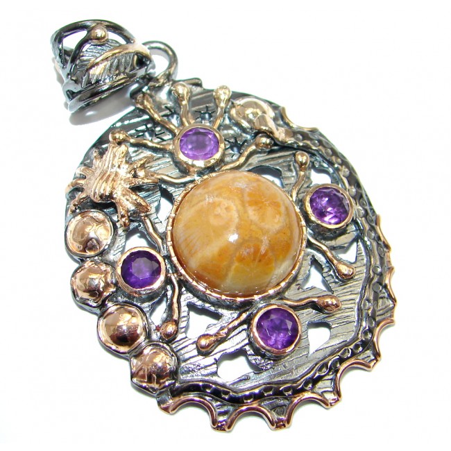 Natural Fossilized Coral Amethyst Gold plated over Sterling Silver Pendant