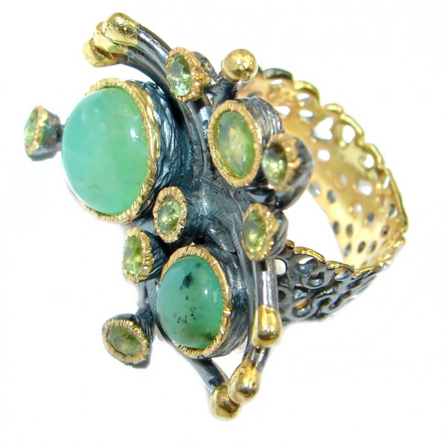 Large Moss Prehnite Peridot Gold plated over Sterling Silver ring; s. 8