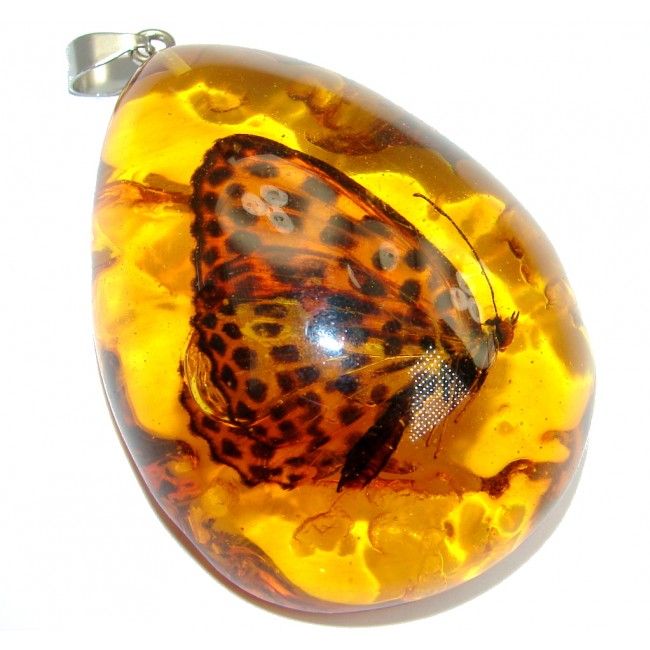 Large created Copal with genuine Butterfly Inclusion Sterling Silver Pendant