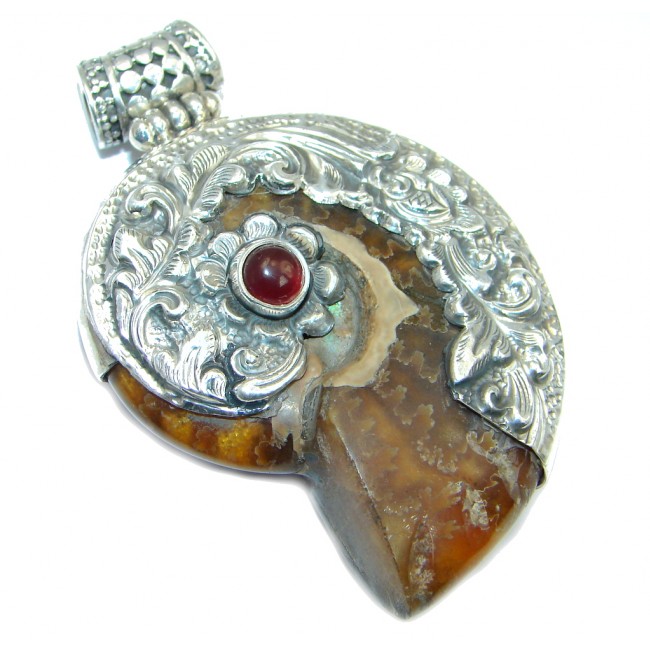 Precious 44.2 grams Brown Ammonite Fossil Sterling Silver handcrafted Pendant
