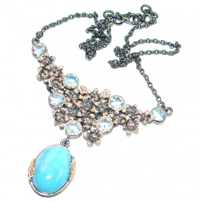 Masterpiece Natural Blue Larimar Swiss Blue Topaz Rose Gold lated over Sterling Silver handmade necklace