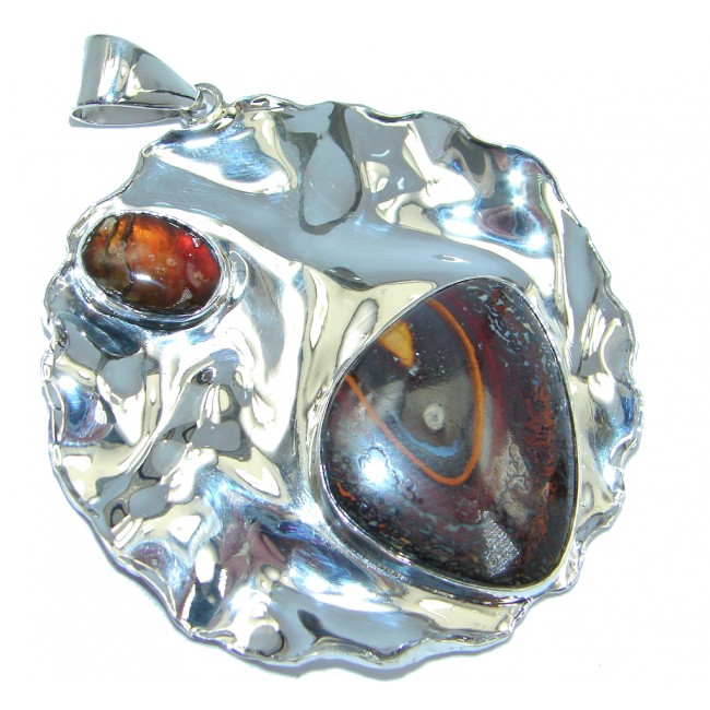 One of the kind genuine Koroit Opal Ammolite hammered Sterling Silver Pendant