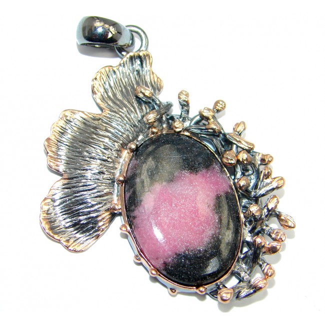 Amazing Pink Rhodonite Gold plated over Sterling Silver handmade Pendant