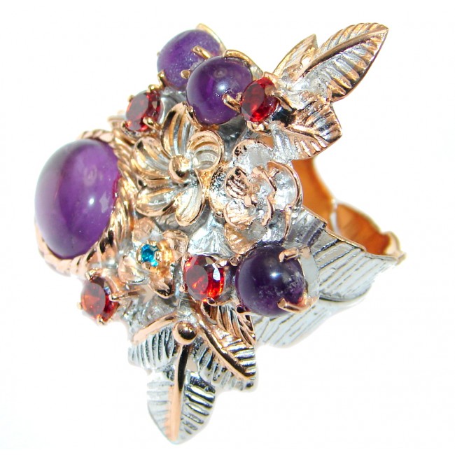 Large Purple Garden Amethyst Rose Gold plated over Sterling Silver ring size adjustable