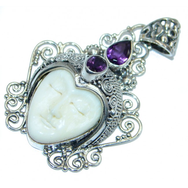 Moonface Carved Ox Bone Amethyst Sterling Silver Pendant