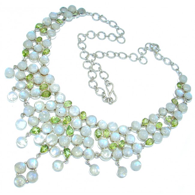 Heavenly White genuine Fire Moonstone Peridot Sterling Silver handcrafted necklace