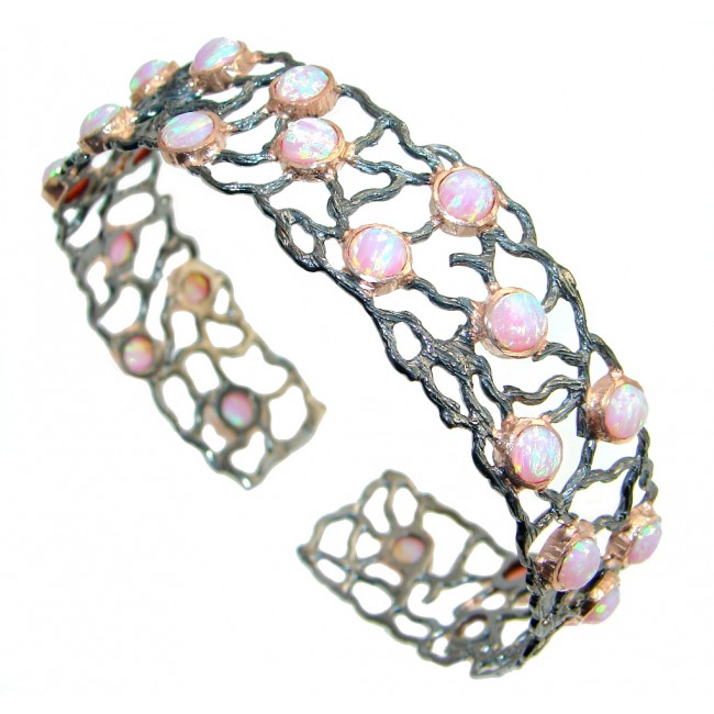 One of the kind lab. Japanese Fire Opal Rose Gold Over Oxidized Sterling Silver Bracelet / Cuff