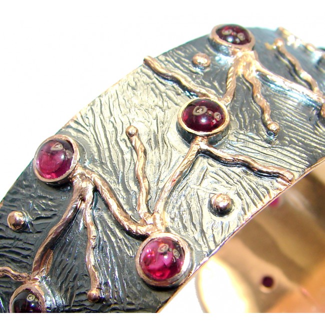 One of the kind Rasberry pink Natural Rhodolite Garnet Rose Gold Over Oxidized Sterling Silver Bracelet / Cuff