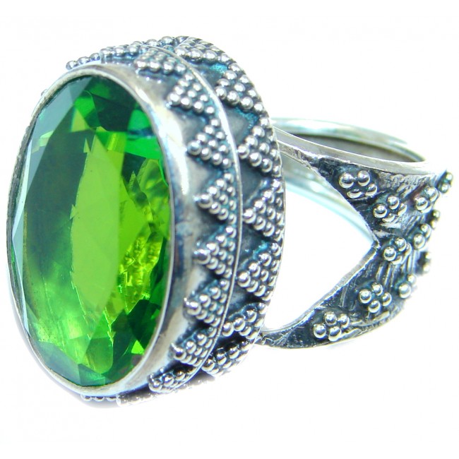 Huge created Peridot Oxidized Sterling Silver handmade ring size adjustable