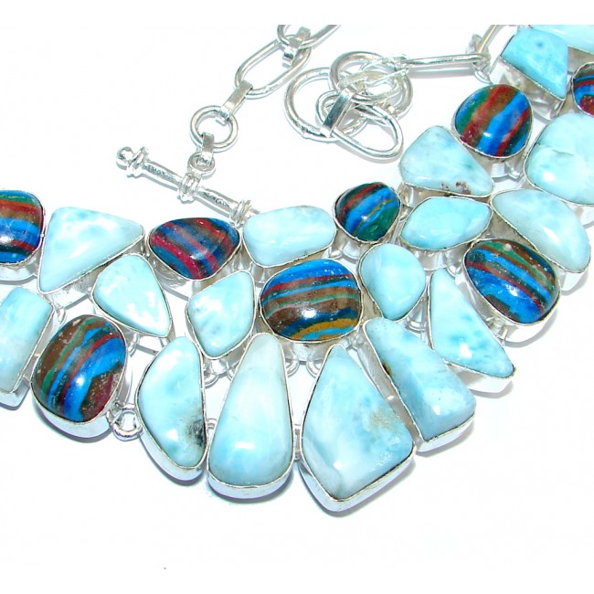 Mega Chunky Larimar Rainow Calsilica Sterling Silver handcrafted necklace