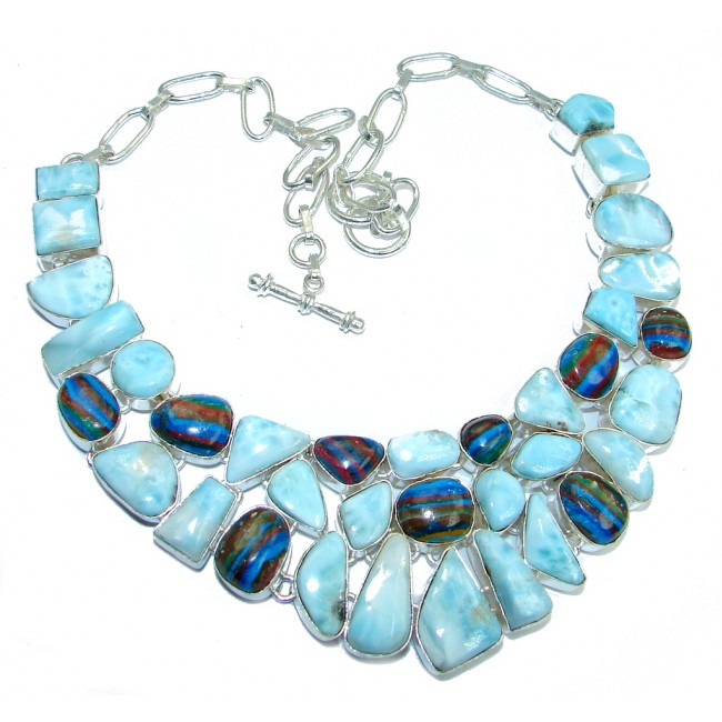 Mega Chunky Larimar Rainow Calsilica Sterling Silver handcrafted necklace