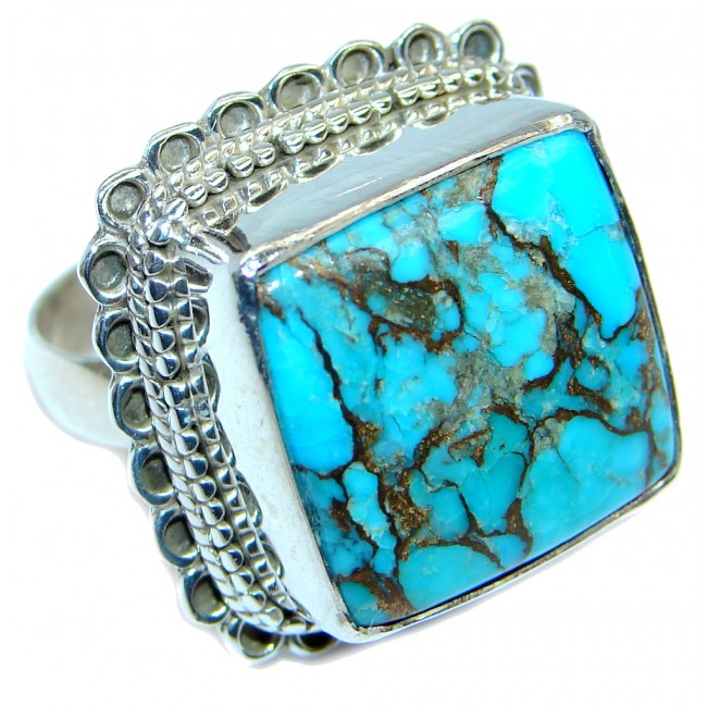 Simple Copper Blue Turquoise Sterling Silver handmade Ring s. 7