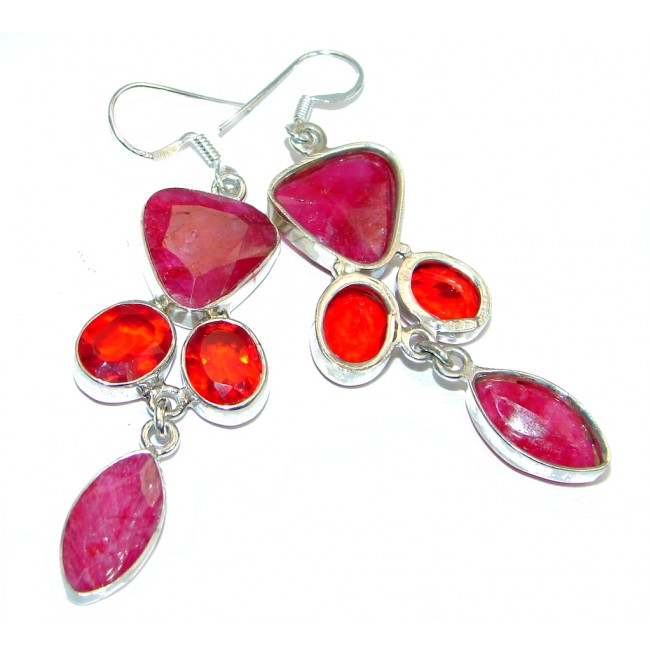 Chunky created Red Ruby Sterling Silver chandelier earrings