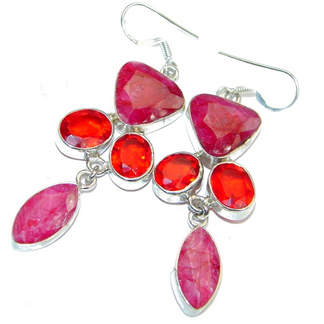 Chunky created Red Ruby Sterling Silver chandelier earrings