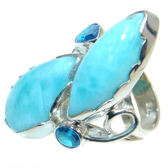 Genuine Blue Larimar Two Tones Sterling Silver handmade Ring size 7