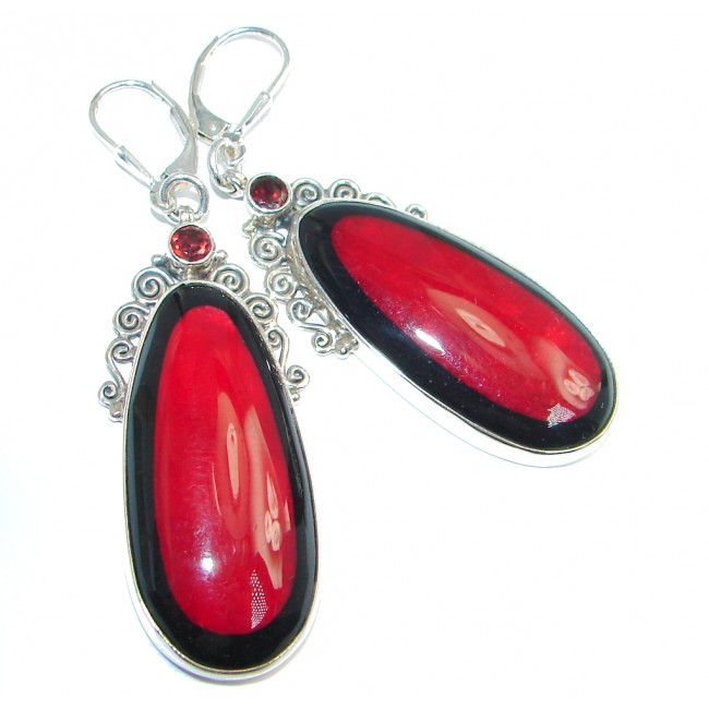 Large Red Fossilized Coral Granet Sterling Silver handmade earrings