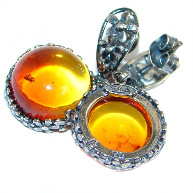 Vintage Design Polish Amber Oxidized Sterling Silver handcrafted stud Earrings