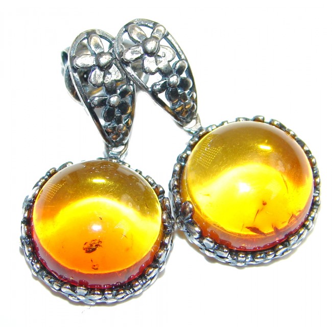 Vintage Design Polish Amber Oxidized Sterling Silver handcrafted stud Earrings