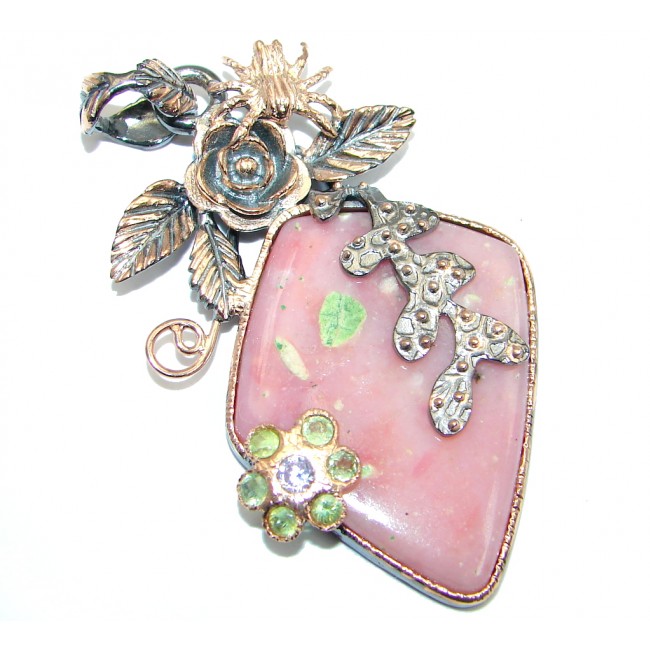 Floral Design Pink Opal Rose gold plated over Sterling Silver handmade Pendant