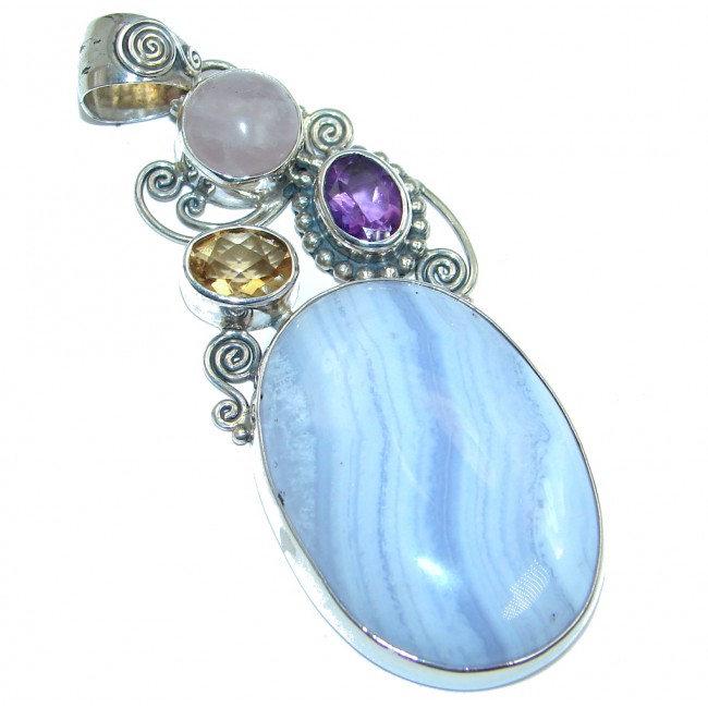 Perfect Light Blue Lace Agate Amethyst Sterling Silver Pendant
