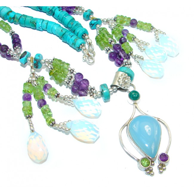 Genuine Turquoise, Amethyst, Peridot Sterling Silver handmade necklace