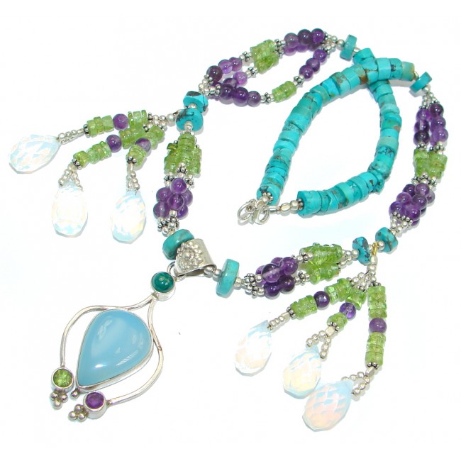Genuine Turquoise, Amethyst, Peridot Sterling Silver handmade necklace
