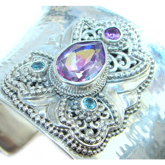 Huge Real Treasure Pink Topaz Sterling Silver handmade Bracelet / Cuff