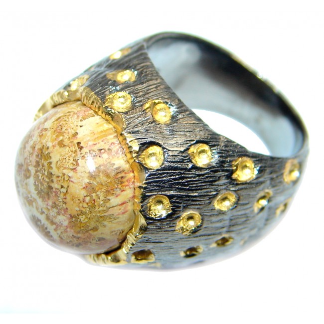 Big! Gorgeous Brown Fossilized Coral Gold Rhodium Plated over Sterling Silver ring s. 6 1/2