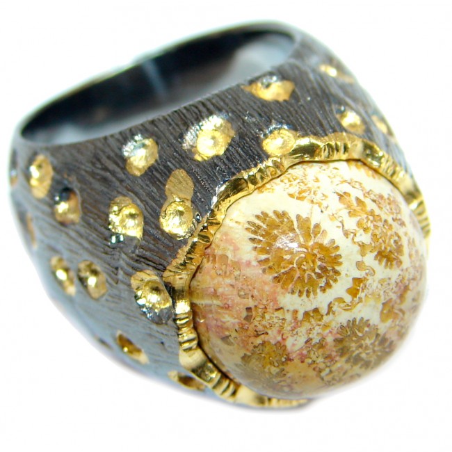 Big! Gorgeous Brown Fossilized Coral Gold Rhodium Plated over Sterling Silver ring s. 6 1/2