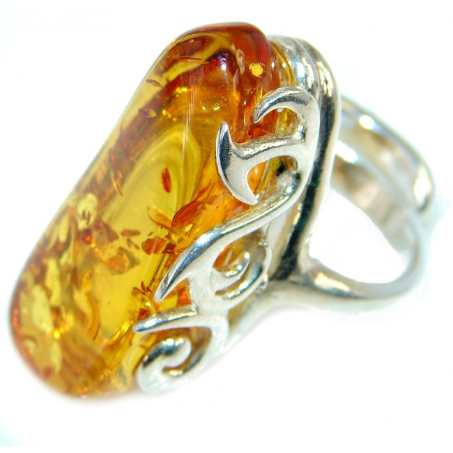 Chunky Genuine Baltic Polish Amber Sterling Silver handmade Ring size adjustable