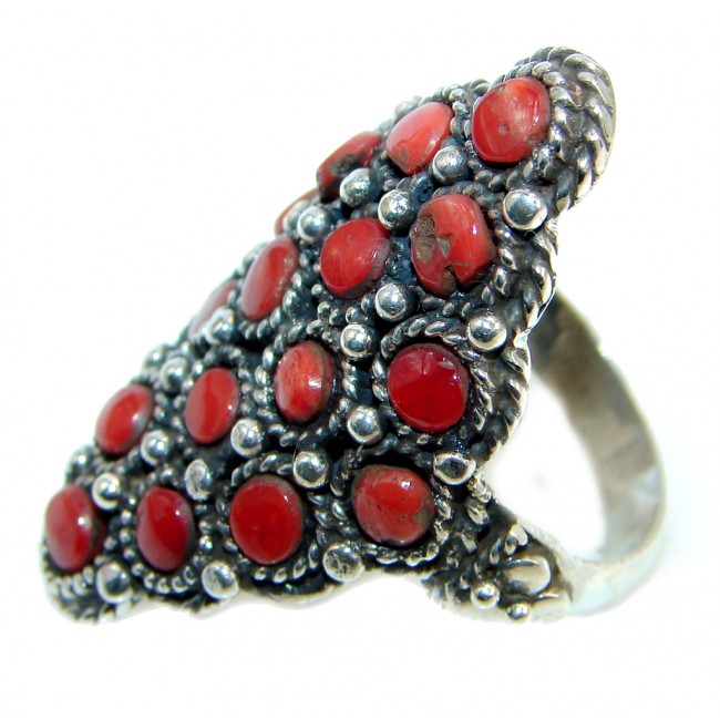 Great Coral Sterling Silver handcrafted Ring s. 8 1/4