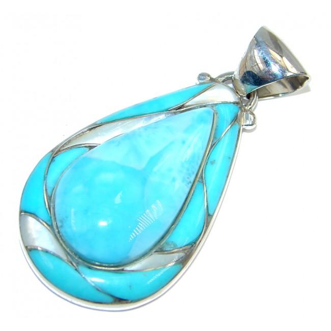 Larimar inlay Blister Pearl Turquoise Sterling Silver handmade Pendant