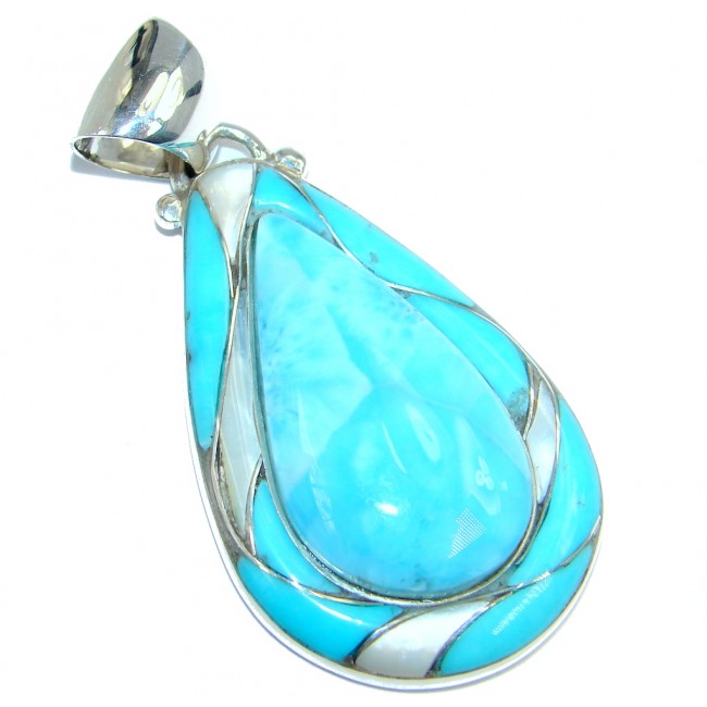 Larimar inlay Blister Pearl Turquoise Sterling Silver handmade Pendant
