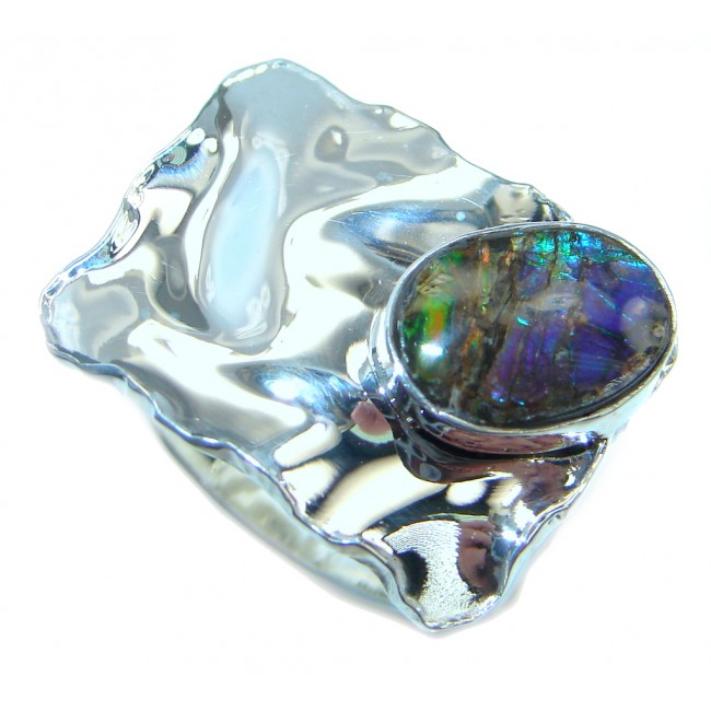 Blue Aura Fire Labradorite hammered Sterling Silver ring size 7 3/4