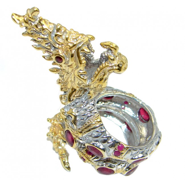 Jumbo 35.7 grams Top Blood Red Ruby Two Tones 925 Sterling Silver Thai Dragon Ring s. 8