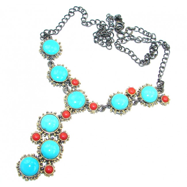 Genuine Sleeping Beauty Turquoise Coral Rhodium Gold plated over Sterling Silver necklace