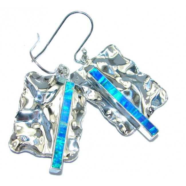 Ocean Blue Japanese Fire Opal hammered Sterling Silver earrings