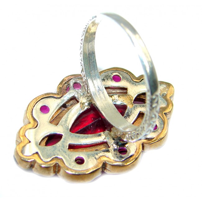 Victorian Style created Ruby & White Topaz Sterling Silver ring; s. 7 3/4