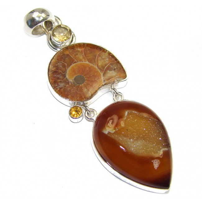 Large 3 1/4 inches long Natual Ammonite Citrine Fossil Sterling Silver Pendant