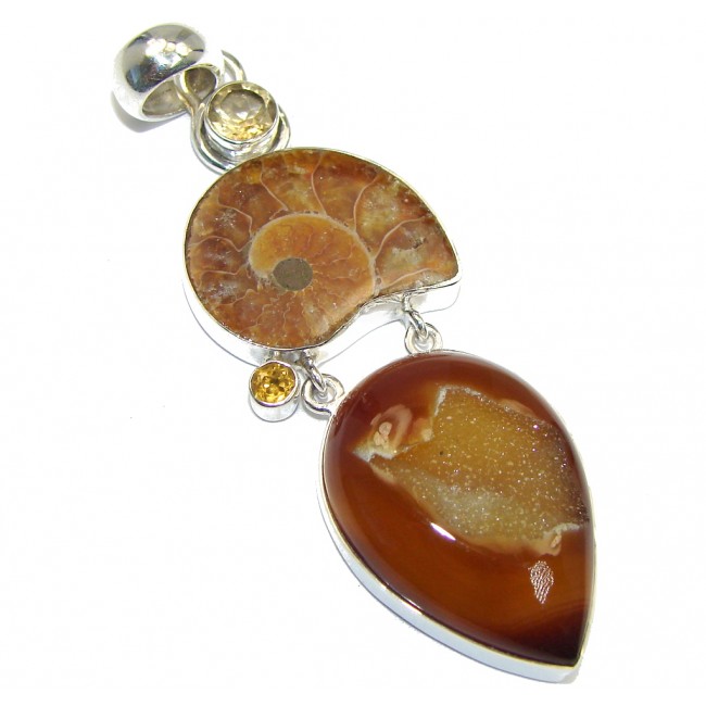 Large 3 1/4 inches long Natual Ammonite Citrine Fossil Sterling Silver Pendant