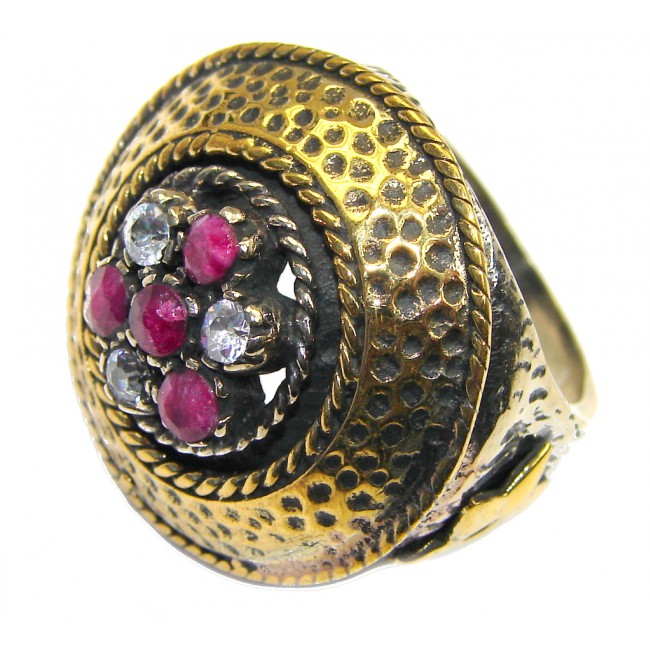 Large Victorian Style created Ruby & White Topaz Sterling Silver ring; s. 8 1/4