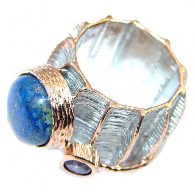 Ultra modern Royal Blue Lapis Lazuli Rose Gold plated over Sterling Silver Ring s. 6 1/2