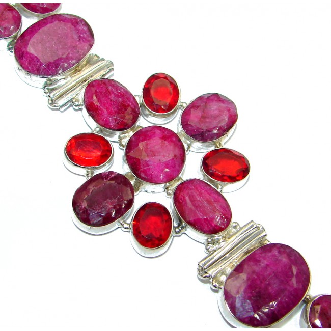 Great Red Ruby and Quartz Sterling Silver handmade Bracelet