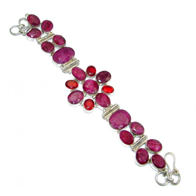 Great Red Ruby and Quartz Sterling Silver handmade Bracelet