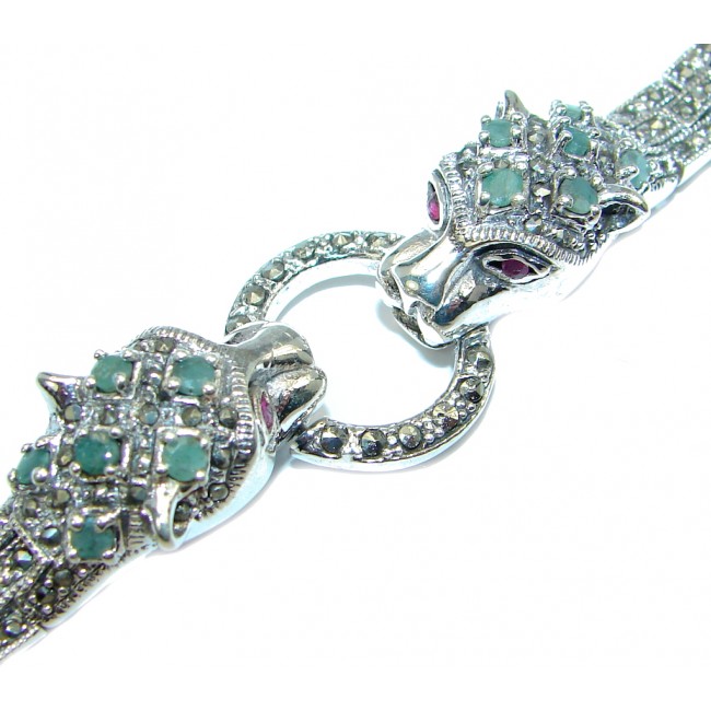 Luxury Natural Green Emerald Ruby Marcasite 925 Sterling Silver Tiger Bracelet