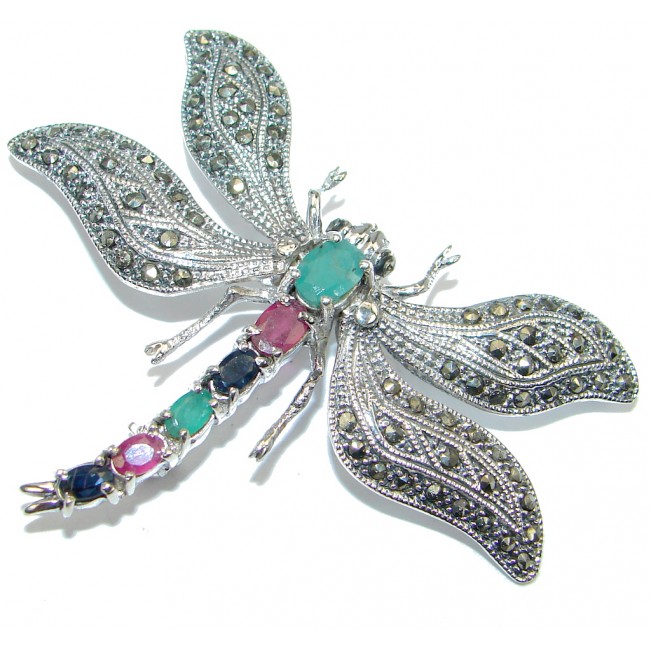 Huge Dragonfly Red Ruby Sapphire Emerald Marcasite 925 Sterling Silver Big Brooch