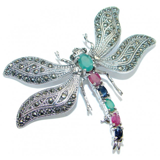 Huge Dragonfly Red Ruby Sapphire Emerald Marcasite 925 Sterling Silver Big Brooch