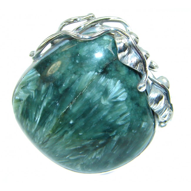 Huge AAA quality Green Seraphinite Sterling Silver Ring size adjustable